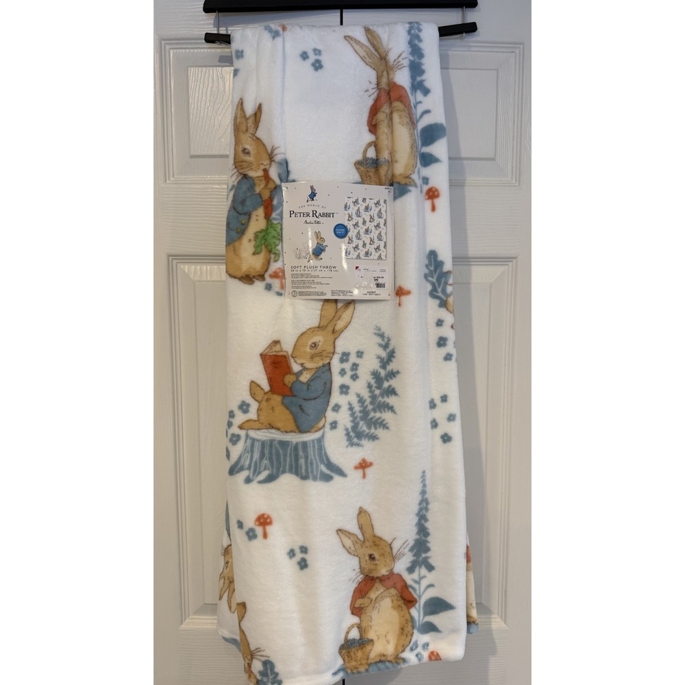 NWT Beatrix‎ Potter White/Blue PETER RABBIT SOFT PLUSH Throw Blanket 50x70 BUNNY